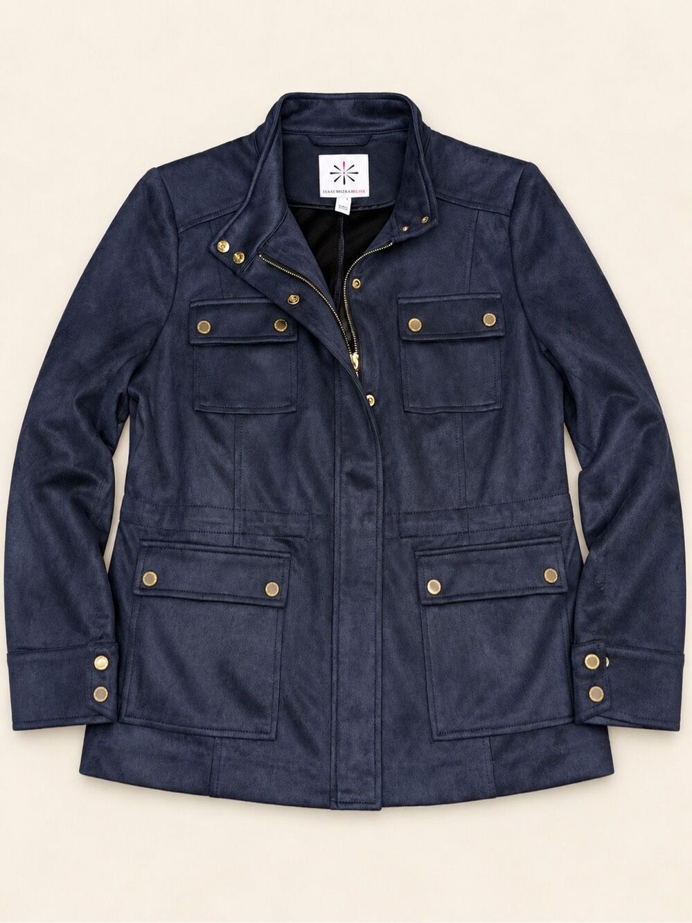Isaac Mizrahi Live Women’s L Navy Suede Leather Utility Field Jacket Gold Zip EU
